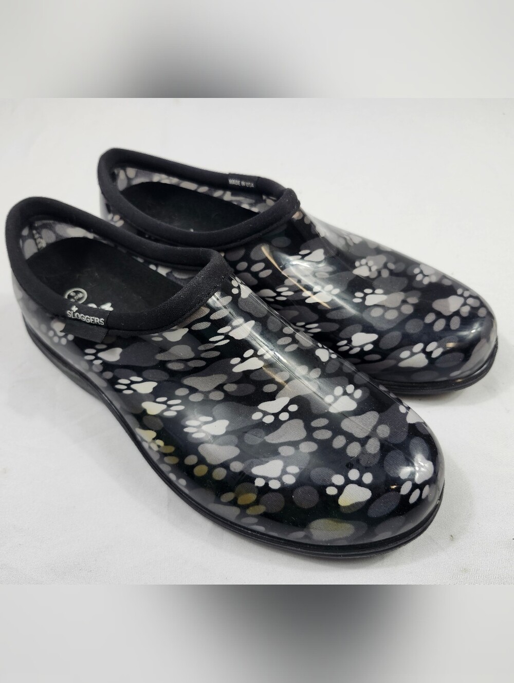 Sloggers Womens 9 M Black Paw-Print Waterproof Slip-On Clogs Shoes